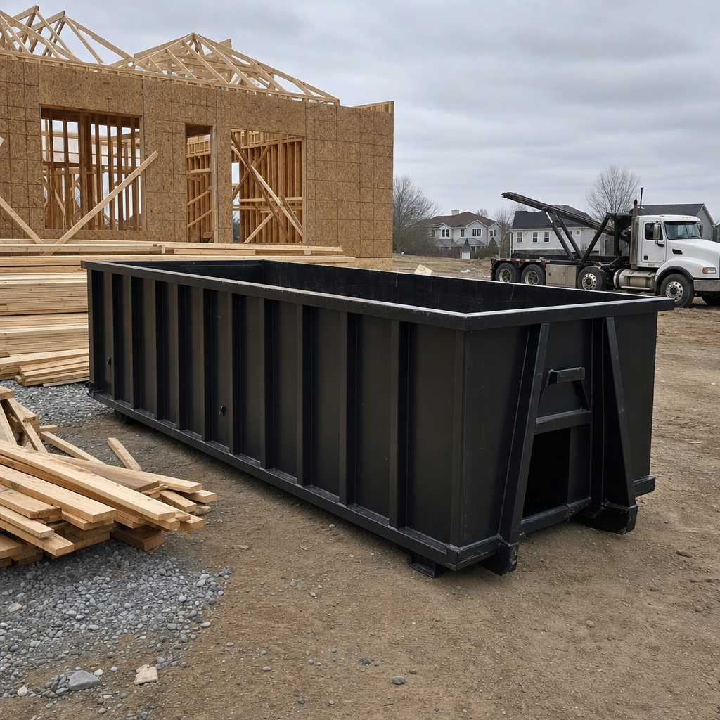 Matte-black 40-yard roll-off dumpster staged on a framed-out residential construction site in Lynwood, framing lumber stacked nearby, hooklift delivery truck visible in the background under bright Colorado daylight