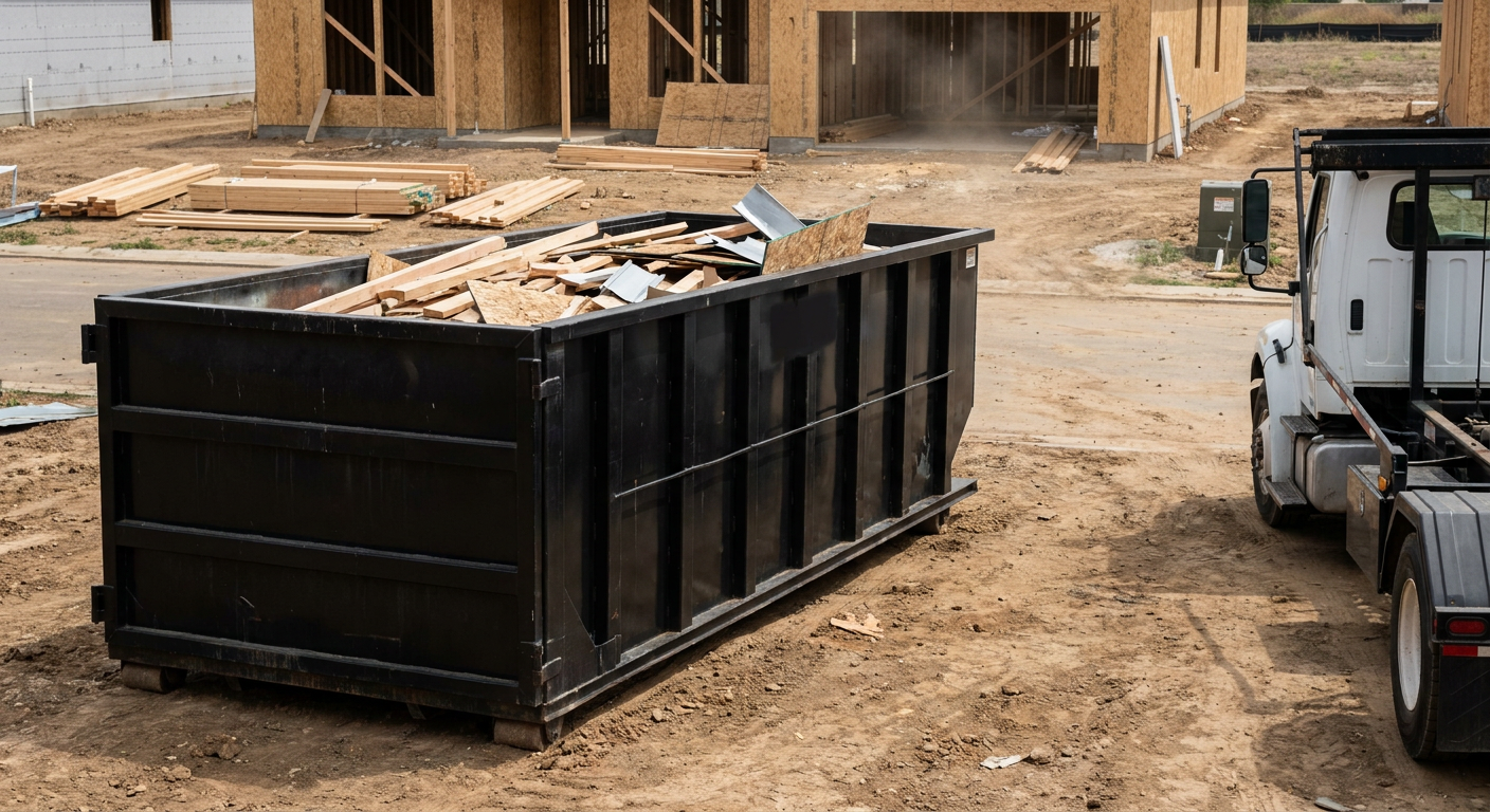 Matte-black 20-yard roll-off construction dumpster with heavy ribbed steel sidewalls and swing rear doors at a working jobsite in Lynwood, sitting directly on compacted dirt with an unmarked white hauler partially visible at the far edge of the frame.