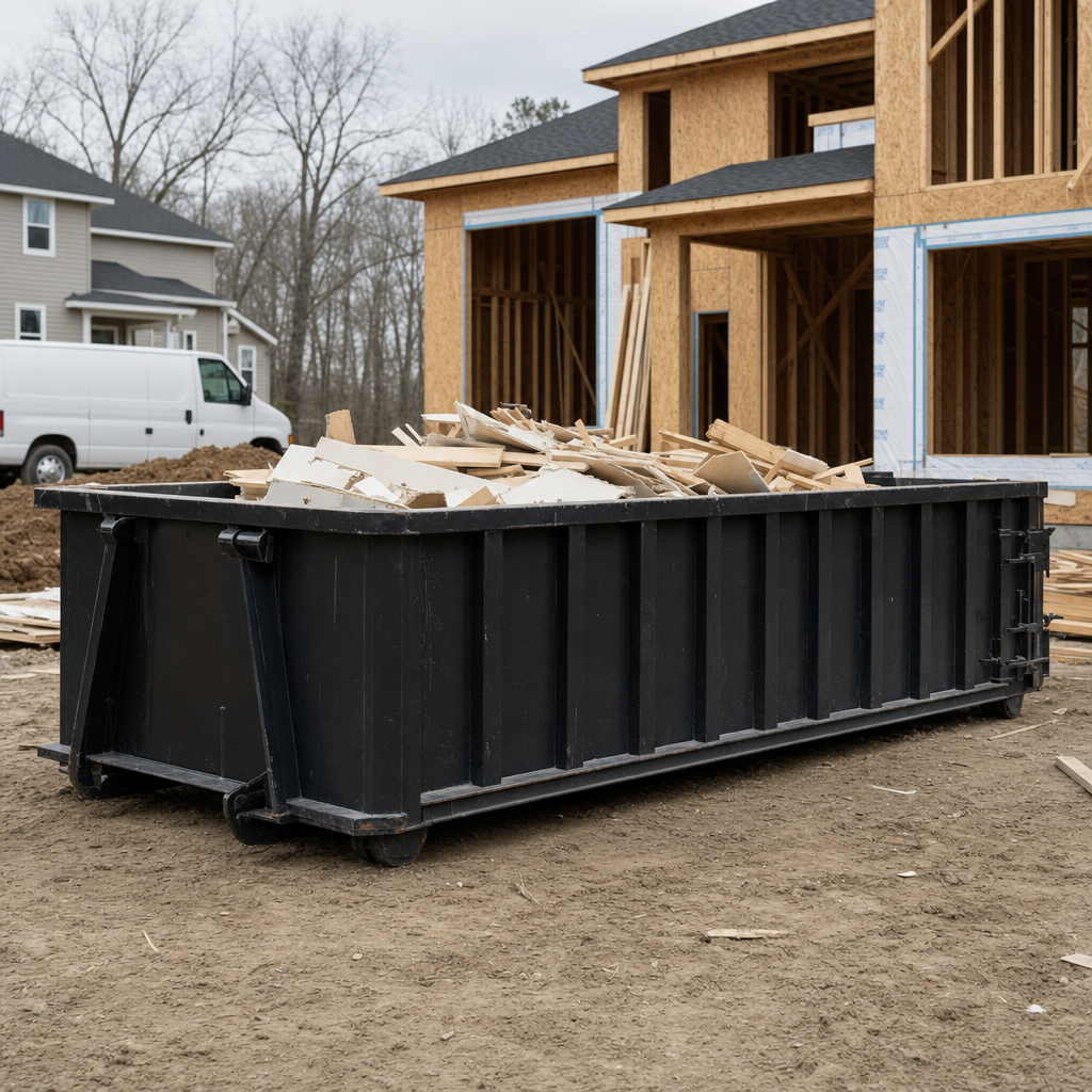 Worker in a yellow high-visibility vest tossing framing lumber and broken drywall into a matte-black 30-yard construction roll-off dumpster on an active build site in Lynwood, bright daylight