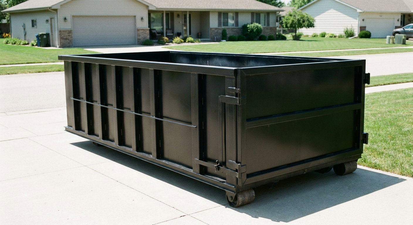 Matte-black 10-yard roll-off dumpster on a residential concrete driveway in Lynwood, uniformly painted matte black across every panel and rail, ribbed steel sidewalls and rear swing door visible, mid-day daylight.