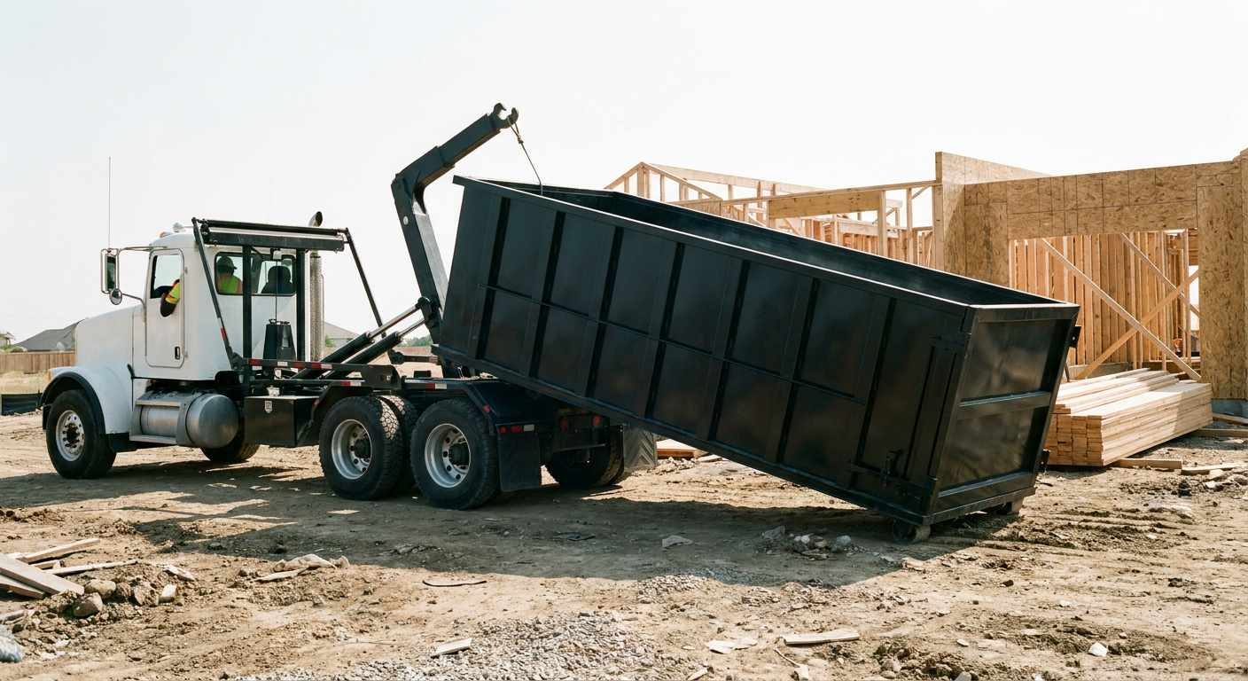 Matte-black roll-off dumpster being delivered onto a clean residential concrete driveway in Lynwood by an unmarked white hooklift hauler truck, bright morning daylight, documentary 35mm perspective.