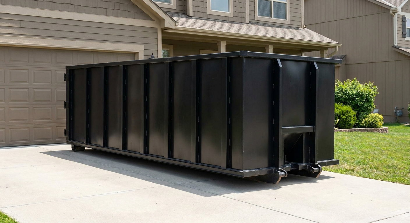 Matte-black residential roll-off dumpster sitting directly on a suburban Lynwood concrete driveway, garage door closed, single-family home in background, bright morning daylight.
