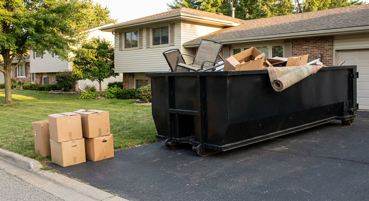 Front-yard view of a Lynwood split-level home with a 20-yard matte-black roll-off dumpster sitting directly on the asphalt driveway, a few clearly labeled donation boxes staged at the curb, calm sunny afternoon.
