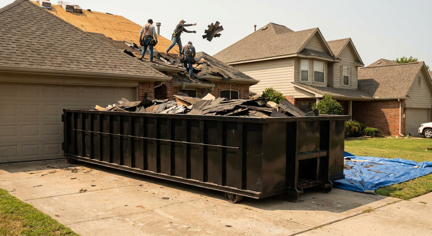 Matte-black roofing roll-off dumpster placed directly on a Lynwood residential concrete driveway, a tear-off crew on a two-story asphalt-shingle roof tossing shingle bundles into the low-walled container, bright daylight, documentary 35mm perspective.