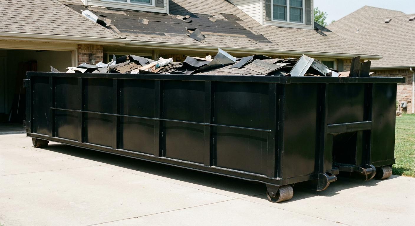 Matte-black 20-yard roofing roll-off dumpster with steel ribbed sides and swinging rear door, sitting directly on the concrete driveway of a two-story Lynwood home, asphalt shingle debris being loaded over the low wall, clean documentary lighting.