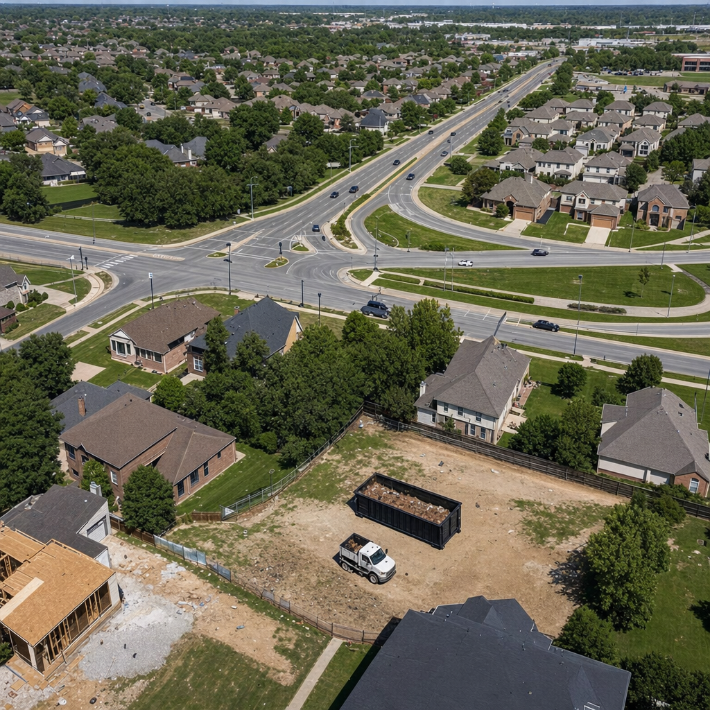 An overhead documentary view of the Lynwood metro area at midday, showing the spread of neighborhoods, arterial roads, and the dispatch radius from a central yard — clean daylight, organized geographic layout.