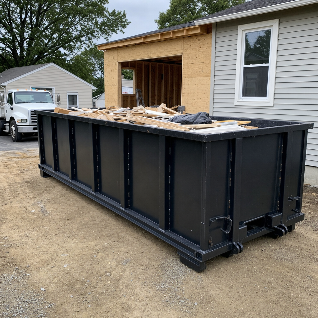 A matte-black 30-yard roll-off dumpster positioned at a Lynwood residential addition jobsite, with framing lumber and drywall scraps loaded through the open swinging rear doors.
