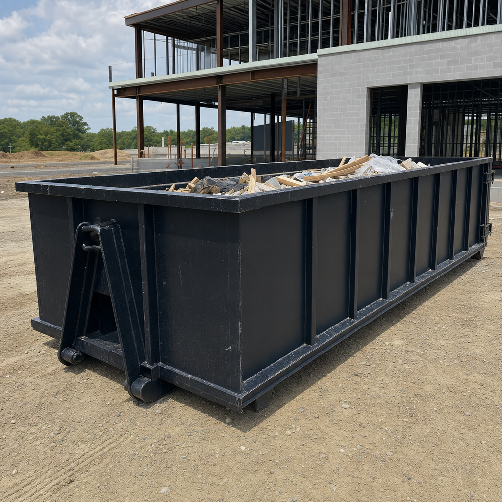 A matte-black 40-yard roll-off dumpster staged on a large Lynwood commercial construction lot, with a hooklift delivery truck parked alongside under bright midday sky.